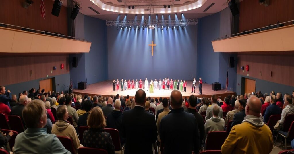 Zdjęcie hali sportowej CRS w Zielonej Górze podczas Szkoły Proroczej Damiana Stayne'a z tysiącem uczestników i „biskupem” Tadeuszem Litynskim.