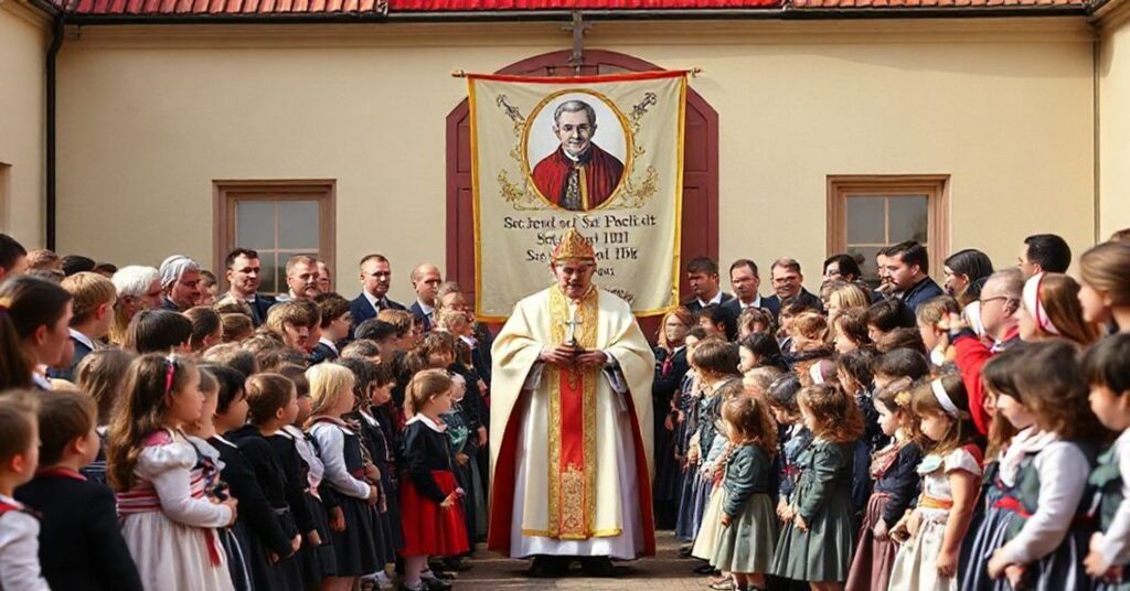 Uroczystość nadania imienia szkoły w Roszkowicach z udziałem fałszywego biskupa i wizerunkiem Jana Pawła II