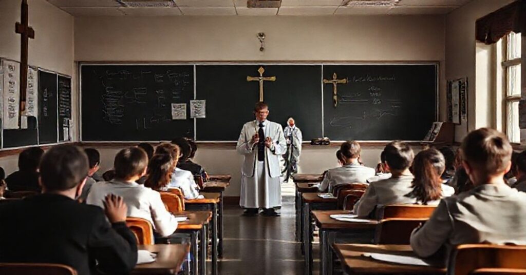 Sala lekcyjna w Katolickiej Szkole św. Ludwika w Louisville, Denver, z uczniami modlącymi się różaniec i krzyżem wiszącym na ścianie. Nauczyciel Dr. Scott Elmer stoi modląc się obok tablicy z religijnymi symbolami.