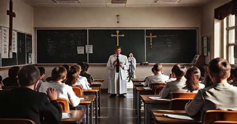 Sala lekcyjna w Katolickiej Szkole św. Ludwika w Louisville, Denver, z uczniami modlącymi się różaniec i krzyżem wiszącym na ścianie. Nauczyciel Dr. Scott Elmer stoi modląc się obok tablicy z religijnymi symbolami.