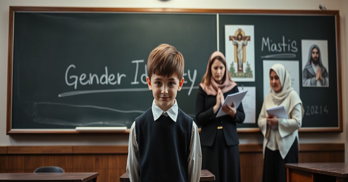 Scena szkolna z chłopcem w mundurku stojącym przed tablicą z zaleceniem 'Tożsamość płciowa' przecresloną. W tle surowy administrator trzyma dokumenty, ignorując przerażoną matkę modlącą się z dłońmi złączonymi.