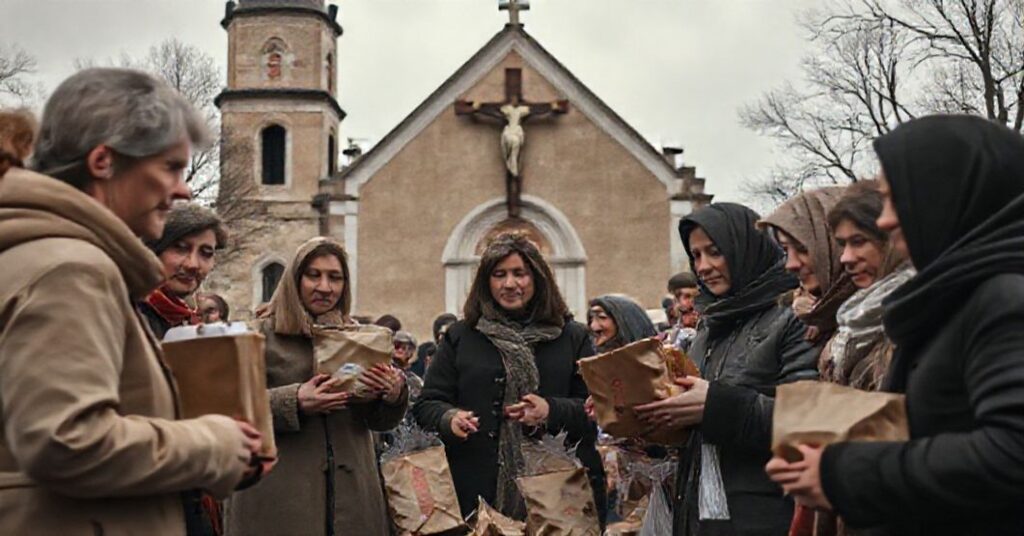 Scena przedstawiająca bezbożny humanitaryzm akcji Szlachetnej Paczki w tradycyjnym katolickim kontekście