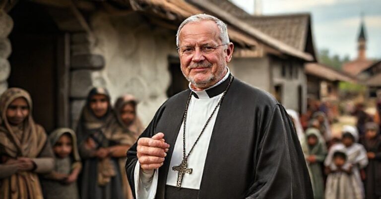 Ksiądz w szatach liturgicznych stojący przed biednym domem wiejskim z rodziną w potrzebie w tle