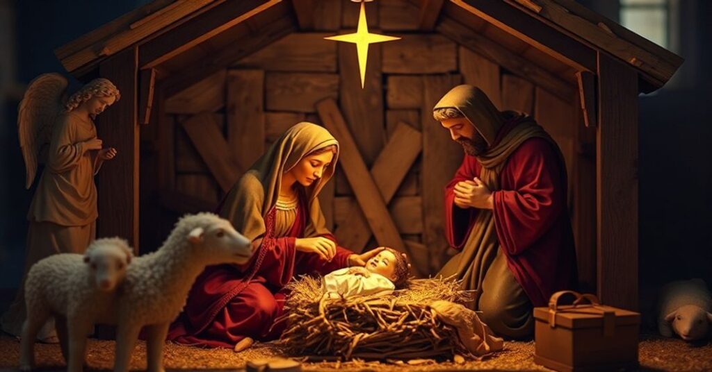 Tradycyjna katolicka szopka z Bożym Narodzeniem przedstawiająca Świętą Rodzinę w Betlejem