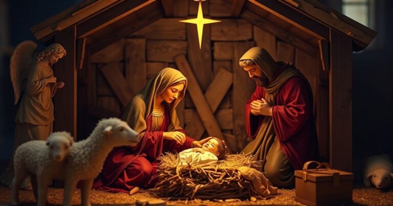 Tradycyjna katolicka szopka z Bożym Narodzeniem przedstawiająca Świętą Rodzinę w Betlejem