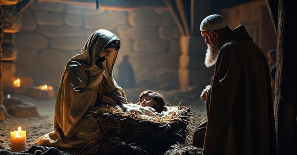 Tradycyjna szopka betlejemska z niemowlakiem Jezusem w żłobku otoczonym Maryją i Józefem. W tle postawa kardynała Pizzaballi.