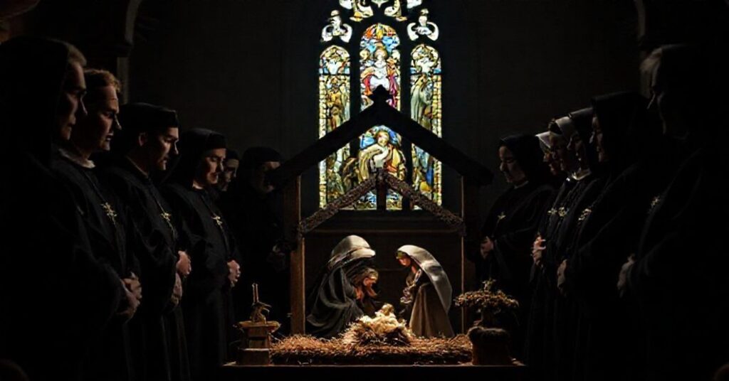 Scena tradycyjnego kościoła z szopką Bożego Narodzenia otoczona przez kapłanów i zakonnic w modlitwie.