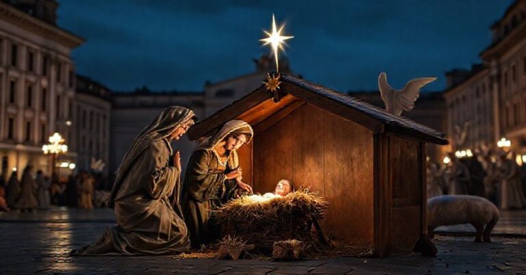 Tradycyjna szopka bożonarodzeniowa na Placu św. Piotra w Rzymie z przedstawieniem Świętej Rodziny w adoracji Dzieciątka Jezus.