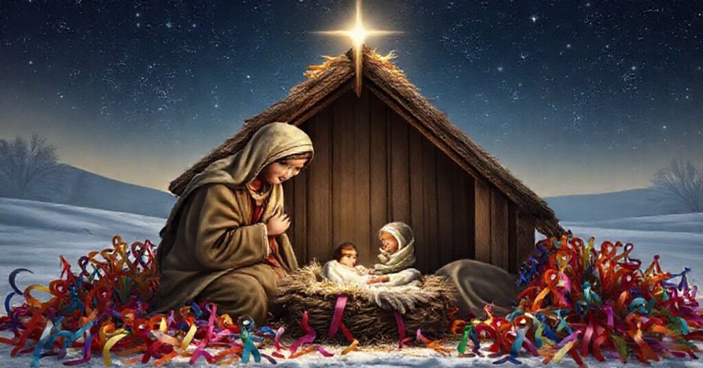 Tradycyjna szopka bożonarodzeniowa z 28 tysiącami wstążek symbolizujących ocalone życie przed aborcją