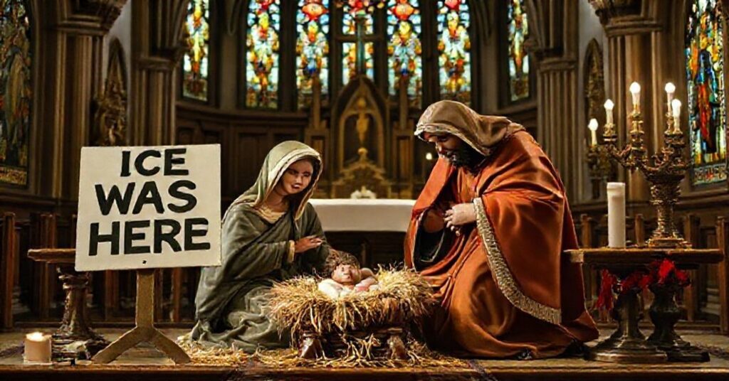 Tradycyjna szopka bożonarodzeniowa w kościele katolickim z politycznym przekazem "ICE Was Here"