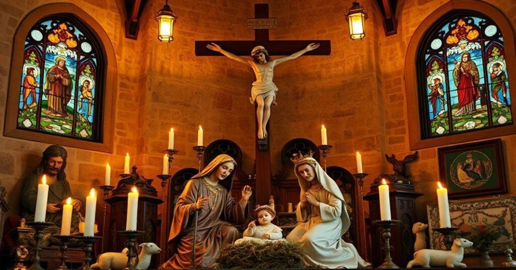 Tradycyjny katolicki szopka bożonarodzeniowa z Capocastello we Włoszech z heretycką figurą "Dzieciątka Jezus płci żeńskiej".