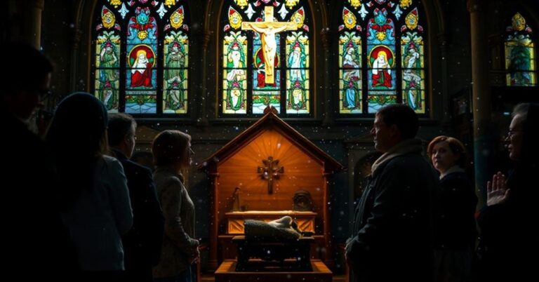 Tradycyjna katolicka szopka w kościele podczas Bożego Narodzenia z rodziną modląca się przed żłobkiem przy opadającym śniegu za kolorowymi witrażami.