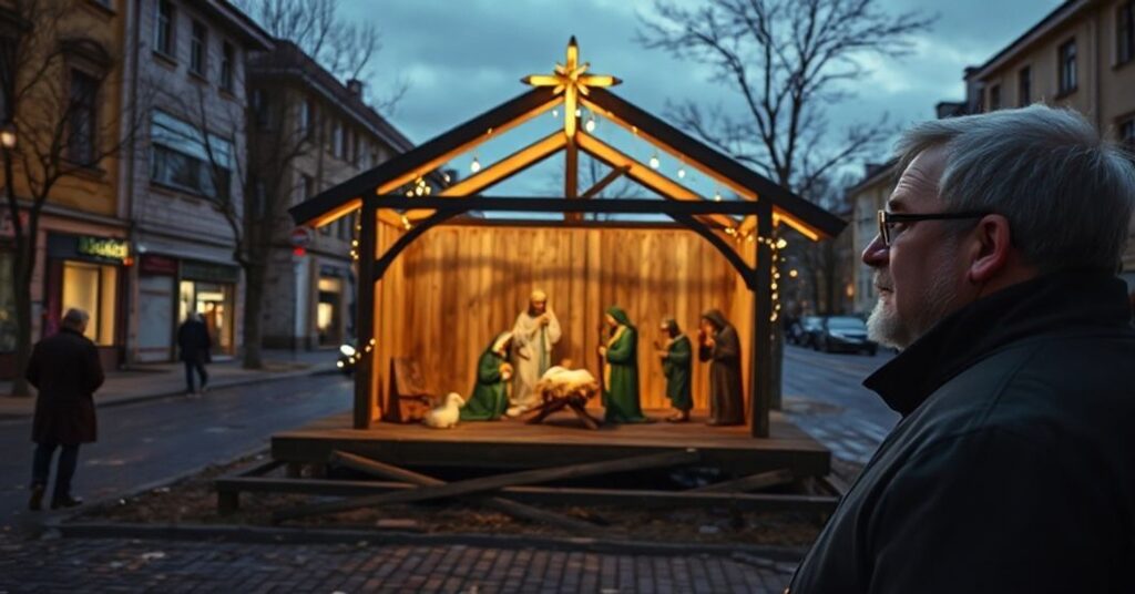 Tradycyjna katolicka scena przedstawiająca kontrowersyjne "poświęcenie" odbudowanej szopki w Kielcach przez modernistycznego "biskupa" Jana Piotrowskiego.