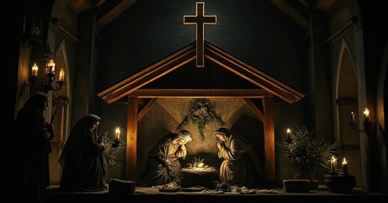 Tradycyjna szopka bożonarodzeniowa w stylu modernistycznym z elementami architektury Bydgoszczy i Torunia, brak krzyża i głębokiej doktryny katolickiej.