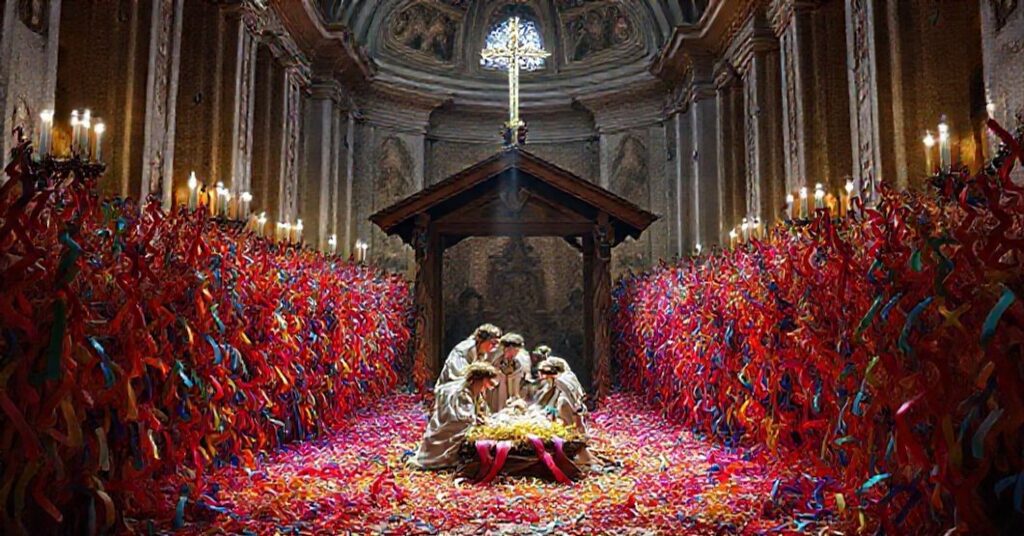 Sobór watykański z tradycyjną szopką "Nacimiento Gaudium" z 28 tysiącami wstążek symbolizujących dzieci nienarodzone, przedstawionej przez antypapieża Leona XIV i artystkę Paulę Senoto.