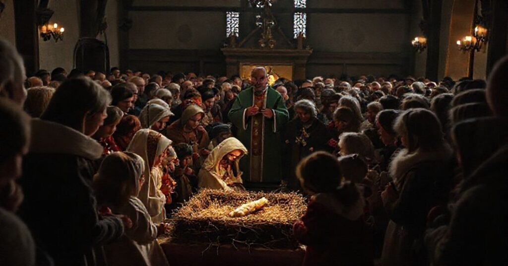 Tradycyjna polska szopka bożonarodzeniowa w kaplicy w Sandomierzu z grupą ludzi podczas wieczerzy wigilijnej