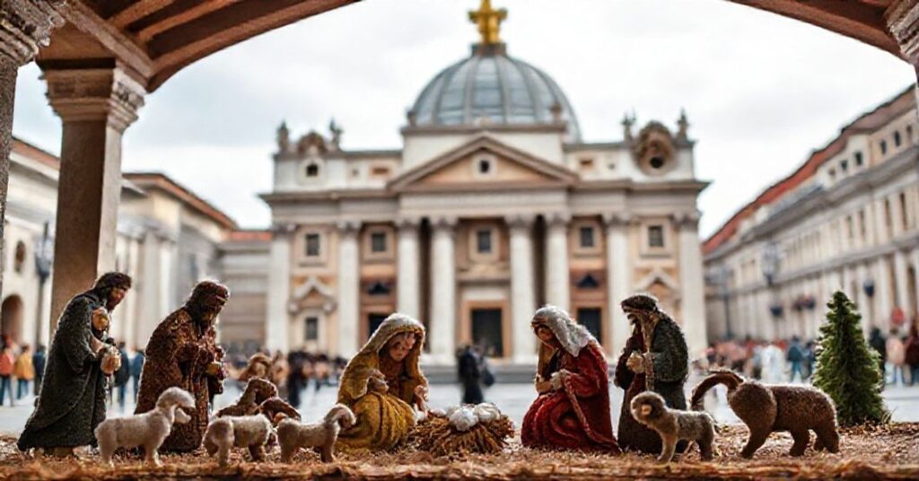 Tradycyjna bożonarodzeniowa szopka z wełnianych figurek koło Kolumnady Berniniego na Placu św. Piotra w Watykanie.