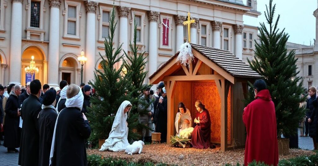 Tradycyjna szopka bożonarodzeniowa na Placu Świętego Piotra w Watykanie, z figurkami w stylu neapolitańskim wykonanymi techniką 3D i sztucznym świerkiem z Alp, skupiająca się na ekologii zamiast na misterium Bożego Narodzenia.