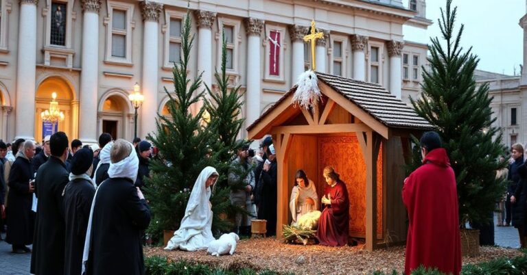 Tradycyjna szopka bożonarodzeniowa na Placu Świętego Piotra w Watykanie, z figurkami w stylu neapolitańskim wykonanymi techniką 3D i sztucznym świerkiem z Alp, skupiająca się na ekologii zamiast na misterium Bożego Narodzenia.