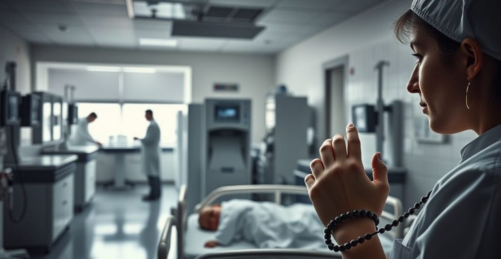 Wnętrze szpitala Bambino Gesù: nowoczesna sala lecznicza z naukowcami pracującymi nad terapią genową, a na pierwszym planie katolicka pielęgniarka modląca się nad łóżkiem chorego dziecka, kontrastując z bezosobową technologią.