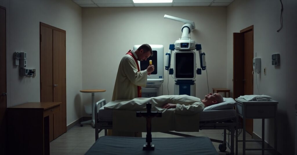Kaplica szpitalna z tradycyjnym kapłanem udzielającym sakramentu chorych pacjentowi przy łóżku. W tle widoczny nieaktywny system chirurgii robotycznej Hugo RAS. Scena podkreśla brak obecności Chrystusa w technologii medycznej.