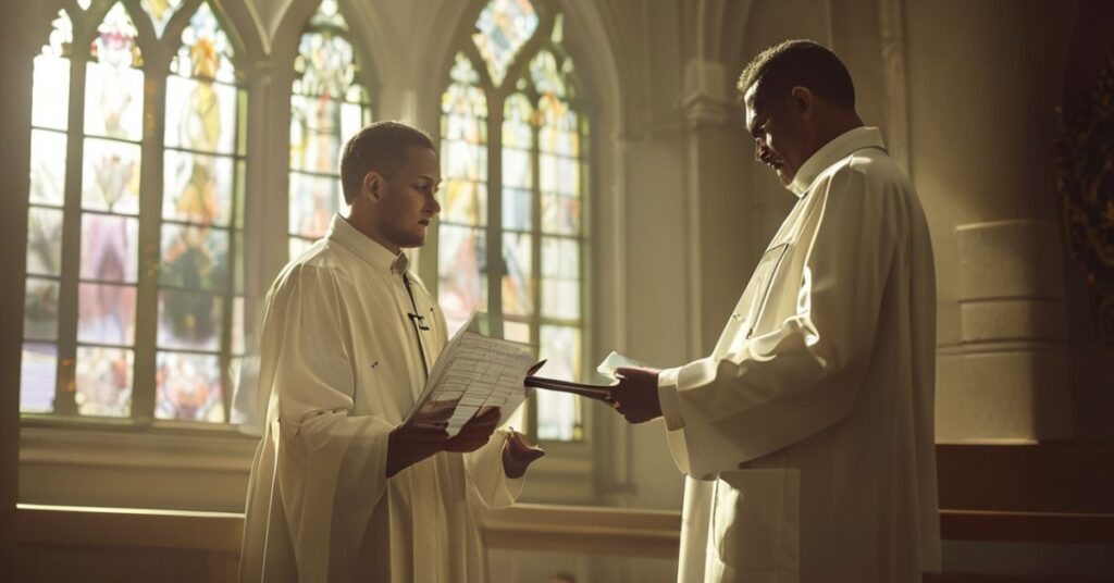 Lekarz katolicki w tradycyjnym białym fartuchu stoi w kaplicy szpitalnej z witrażami, trzymając kartę medyczną podczas rozmowy z młodym pacjentem. Scena jest oświetlona miękkim, poważnym światłem, podkreślającym moralne wagę decyzji o wstrzymaniu leczenia afirmującego płeć.