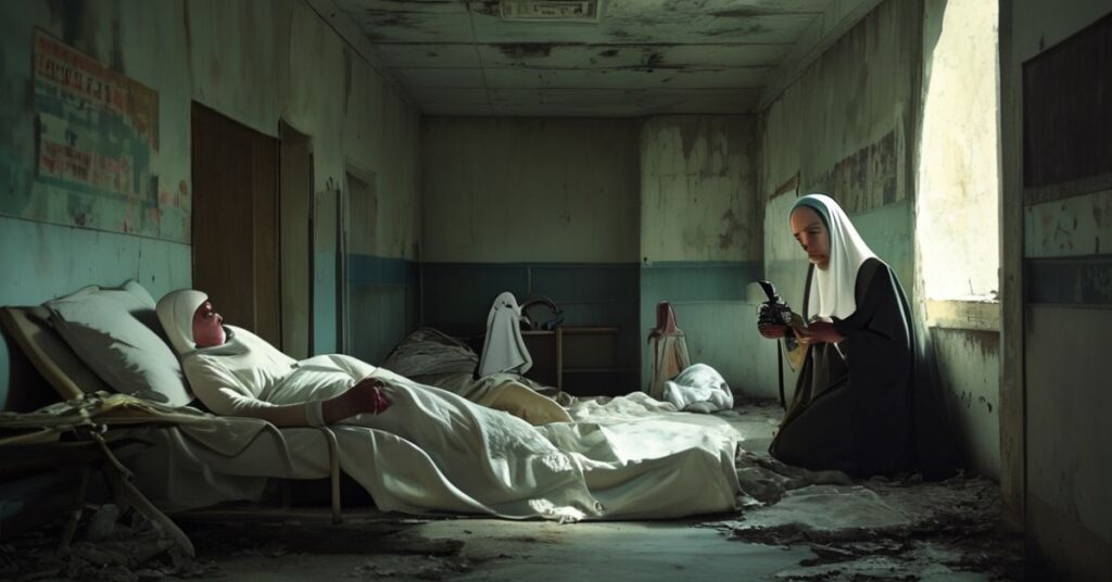 Pokojowa scena w szpitalu w Strefie Gazy z sierotami i zakonnicą modląca się z różańcem