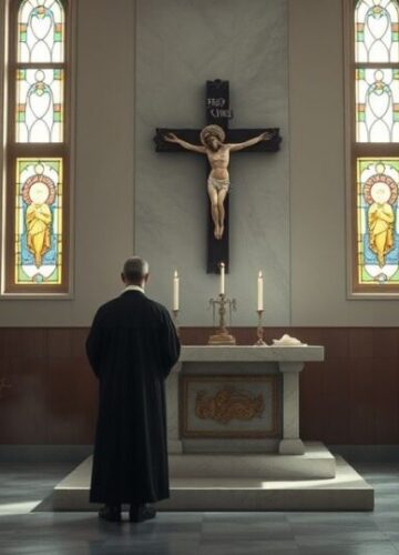 Szpital katolicki i duchowa opieka kapłana w modlitwie Szpital katolicki z kaplicą, ksiądz modlący się przed krzyżem w atmosferze skupienia i duchowości