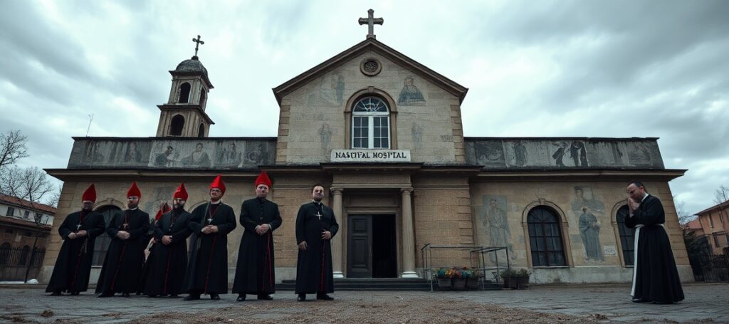 Zdjęcie przedstawia szpital "Dom Ulgi w Cierpieniu" w San Giovanni Rotondo pod kontrolą antypapieża Leon XIV i jego komisji. Na pierwszym planie widoczni są moderniści w czarnych sutannach i czerwonych zucchettach, podczas gdy tradycyjny kapłan modli się w oddaleniu.