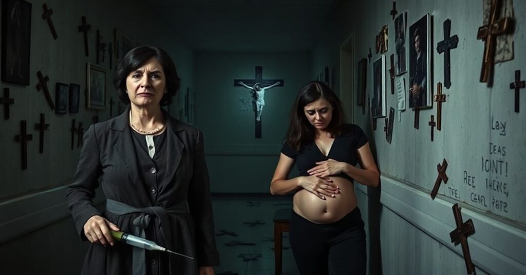 Smutny korytarz szpitala z uszkodzonymi krzyżami i obrazy religijne na ścianach. Gizela Jagielska trzyma strzykawkę w ręku.