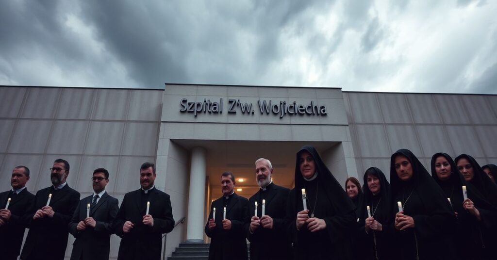 Zdjęcie przedstawiające szpital św. Wojciecha w Gdańsku przy ciemnym niebie z grupą wiernych w tradycyjnych strojach katolickich protestujących przed instytucją.