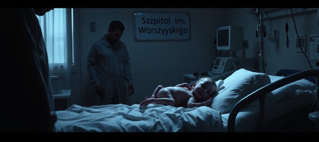 Czaszka i kości z krzyżem pokryte krwią symbolizujące zbrodnię dokonaną w szpitalu imienia kardynała Wyszyńskiego w Lublinie