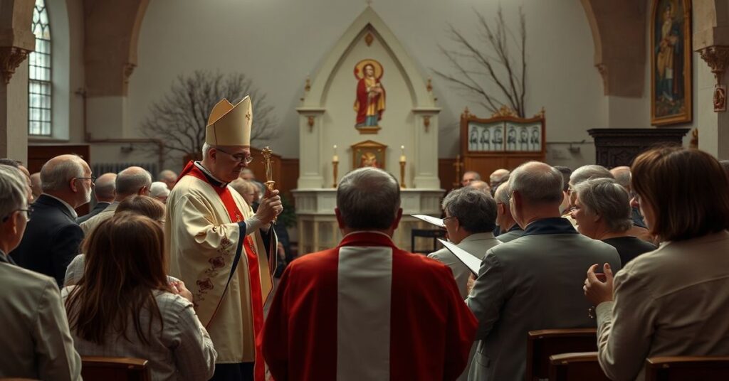 Zdjęcie przedstawiające sztafetę modlitw w Więcborku z udziałem kapłanów z diecezji bydgoskiej i wiernych.