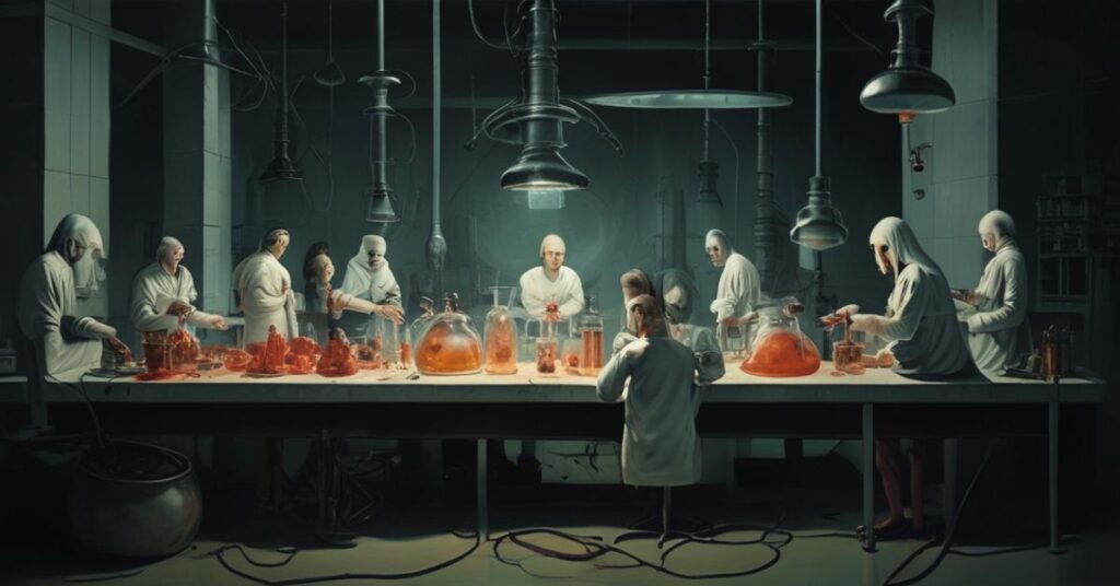 Scena laboratoryjna przedstawiająca embriony ludzkie w sztucznych macicach z naukowcami Stevenem Mosherem i Chiara McKenną obserwującymi eksperyment