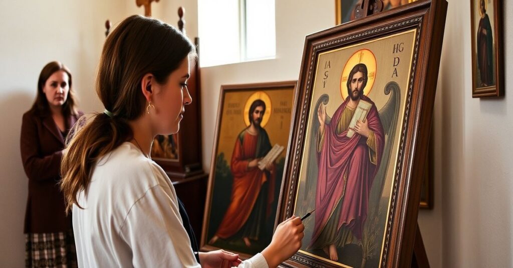 Polski artysta malujący obraz Chrystusa w kaplicy, z Olgą Wysocką z Instytutu Adama Mickiewicza w tle.