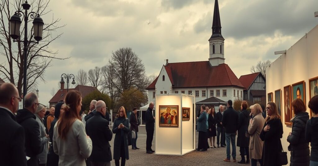 Obraz przedstawiający wystawę sztuki w Zakopanem bez odniesienia do Boga i wiary.