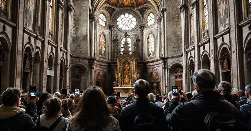Zaniedbany kościół katolicki w Szwajcarii z turystami robiącymi selfie przed zniszczonym ołtarzem.
