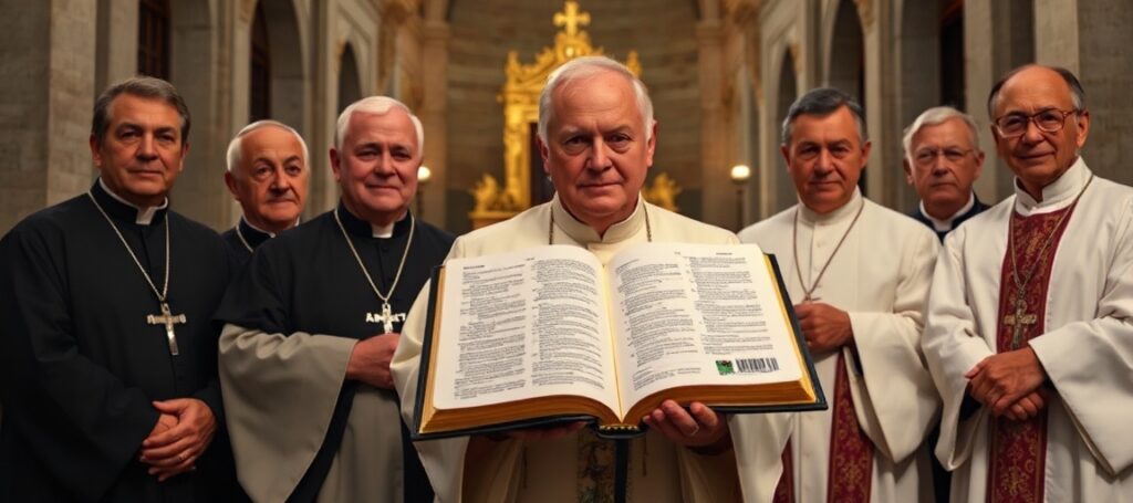 Grupa tradycyjnych katolickich duchownych w liturgicznych szatach stoi w ciemnym kościele, trzymając otwartą Biblię. Na tle widoczny jest pusty tron papieski w Bazylice św. Piotra.