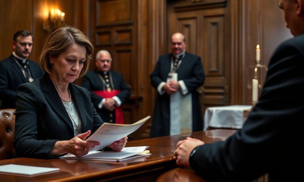 Zdjęcie pokojowego sądu szwajcarskiego prokuratora Anniny Scherrer badającej dokumenty z poważną miną. W tle stoją wikarystyczni urzędnicy w tradycyjnych szatach kościelnych obok zamkniętej drzwi. Scena symbolizuje blokowanie sprawiedliwości i korupcję struktur watykańskich.