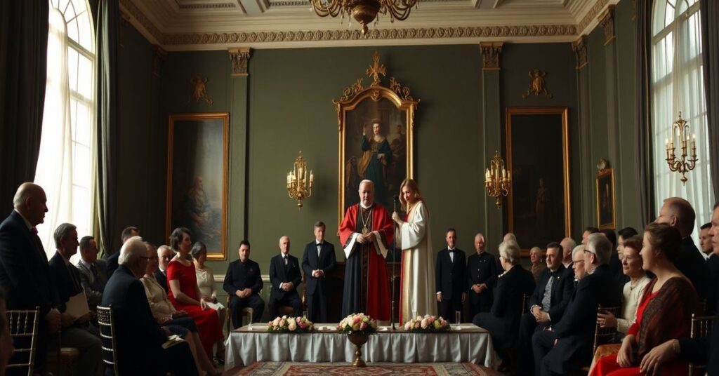 Królową Sylwię i rzekomego kardynała Andersa Arboreliusa podczas antykatolickiej gali humanitarnej w Sztokholmie w 2026 roku