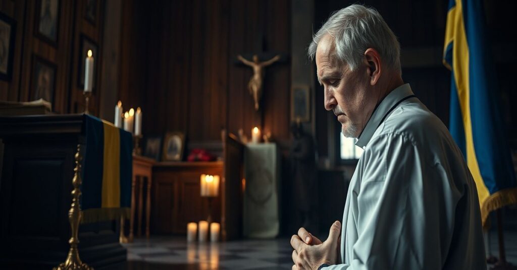 Portret tradycyjnego katolickiego księdza modlącego się przed starym ołtarzem na tle szwedzkiej flagi, symbolizujący duchowy upadek pod maską statystycznego sukcesu.