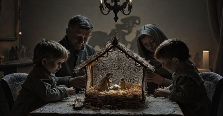 Ciemny obraz tradycyjnej polskiej szopki bożonarodzeniowej wykonanej z włóczki wystawionej w Watykanie.