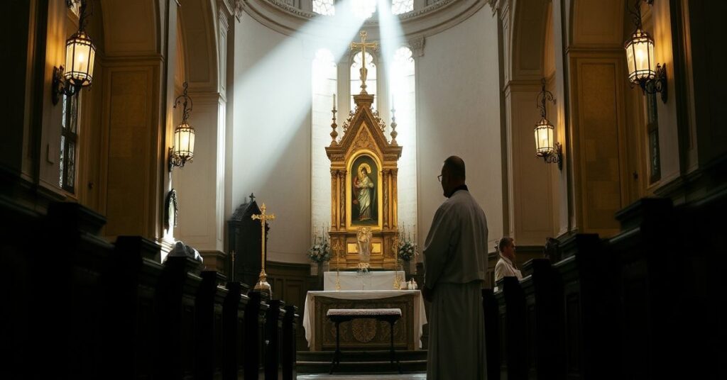 Soborne wnętrze tradycyjnego kościoła katolickiego z księdzem Antonim Bartoszkiem obok tabernakulum w delikatnym świetle sakralnym, symbolizującym rzeczywistą obecność Chrystusa.