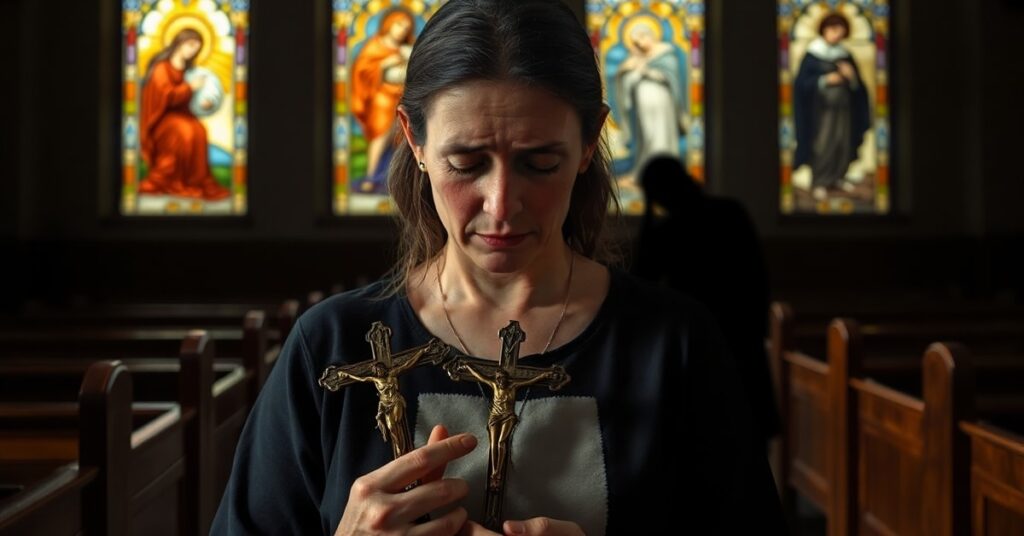 Pogubiona kobieta katolicka trzymająca krzyż w kościele z witrażami przedstawiającymi Zwiastowanie, na tle widoczny jest cień oprawcy z tabletkami aborcji.