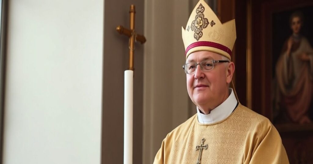 Wybrano starego mężczyznę w czarnej sutannie, Tadeusza Kondrusiewicza, stojącego przed oknem w seminarium w Kownie. Na obrazie widoczne są symbole fałszywego Kościoła i nieporządne księgi.