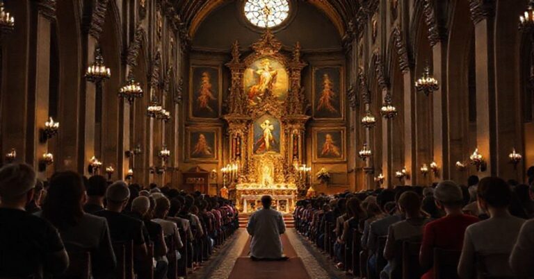 Wnętrze tradycyjnego kościoła katolickiego z modlącymi się młodymi ludźmi. Scena przedstawia kontrast między prawdziwym kultem a współczesnymi ekumenicznymi deformacjami.