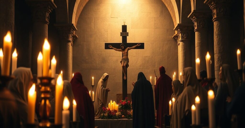 Tradycyjny katolicki wizerunek przedstawiający tajemnicę duszy Chrystusa między śmiercią a zmartwychwstaniem w uroczej świątyni