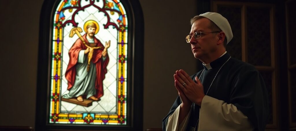 Kapłan w tradycyjnym ornaty stoi w konfesjonale z krzyżem w rękach, na tle witrażu ze św. Janem Nepomucenem.