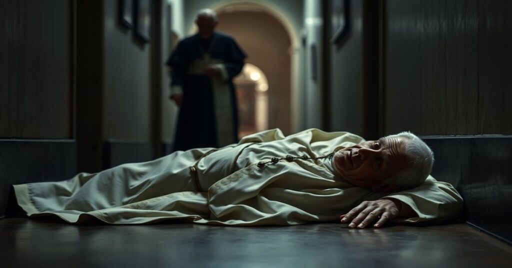 Obrázek przedstawiający Josepha Ratzingera (Benedykta XVI) leżącego na podłodze w Watykanie po tajemniczym upadku.