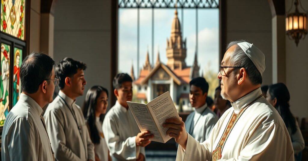Ksiądz w tradycyjnych szatach liturgicznych trzyma dokument list pasterski przed grupą katolików w Tajlandii, z widokiem na świątynię buddyjską przez witrażowe okna.